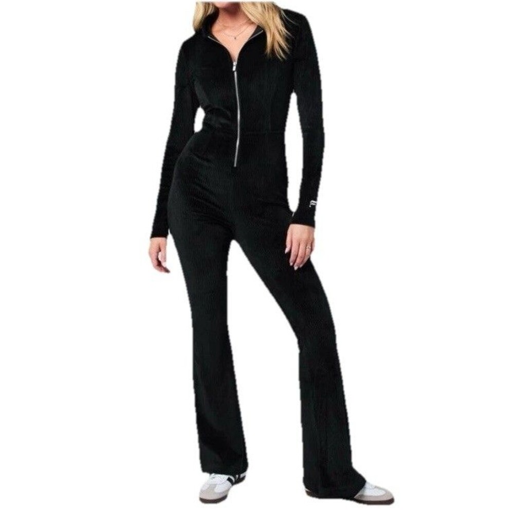 Fabletics  Women’s Black Velvet Jumpsuit  Large Long Sleeve Zip Utility Velour M